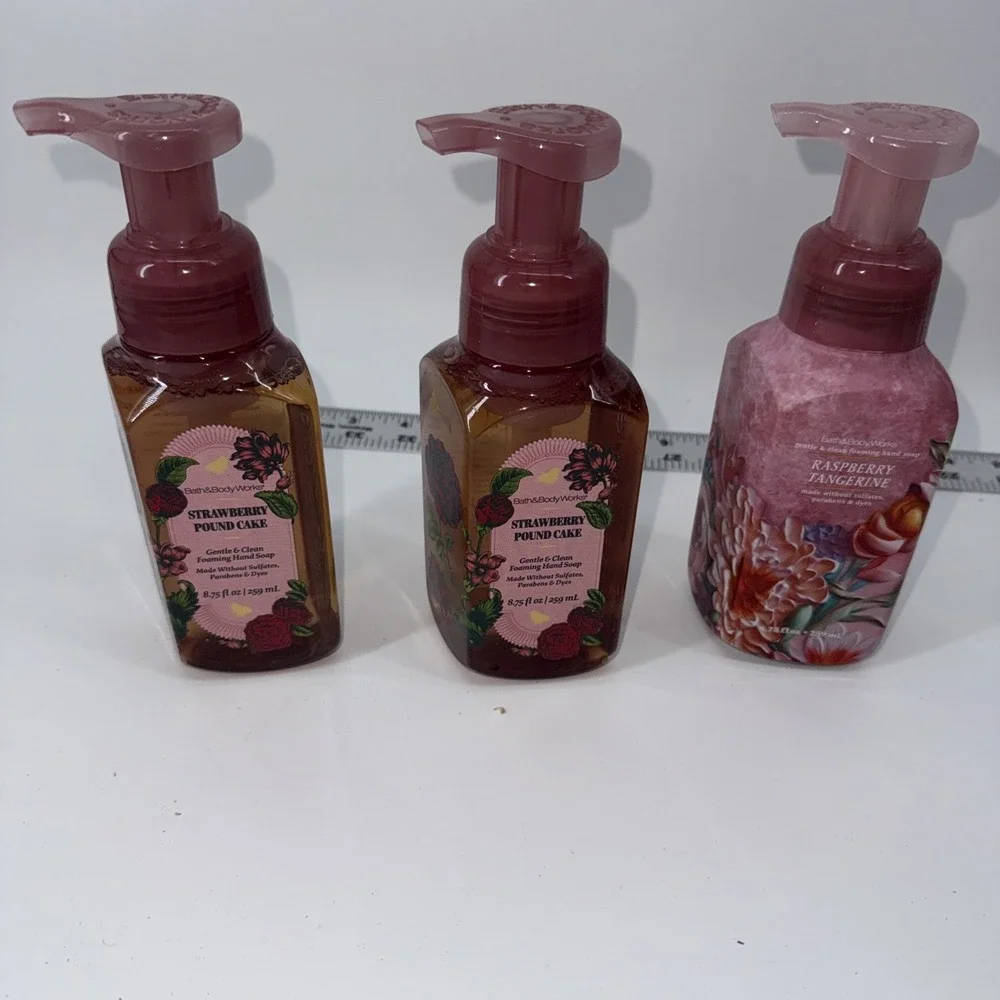 NEW Bath & Body Works, 3 Bottles Strawberry Pound(2) Raspberry Tangerin Handsoap